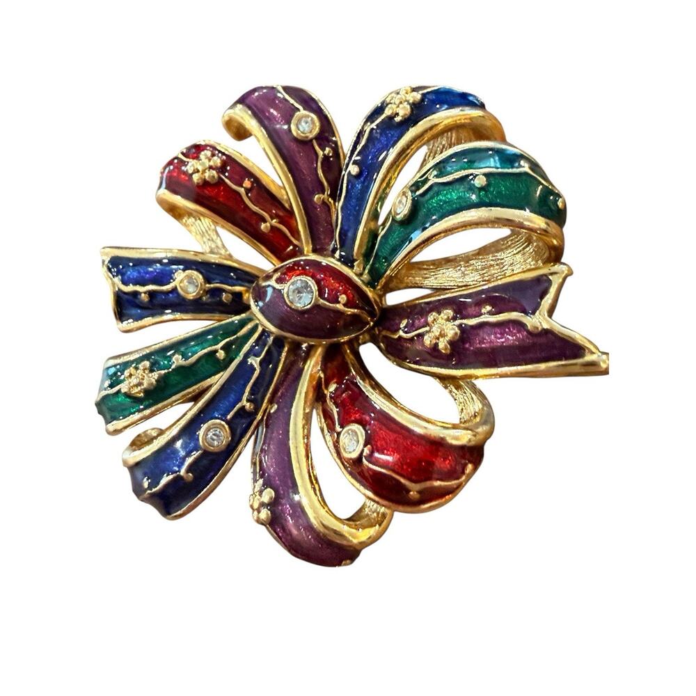 JOAN RIVERS Signed Goldtone Enamel Bow with Rhinestone Brooch Pin Red Green - Picture 3 of 8